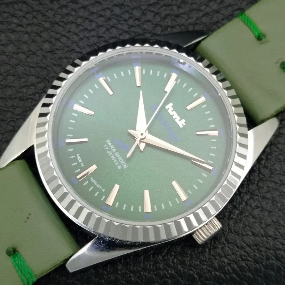 Vintage 1977 HMT Manual Wound Mens Silver Watch & Green accents